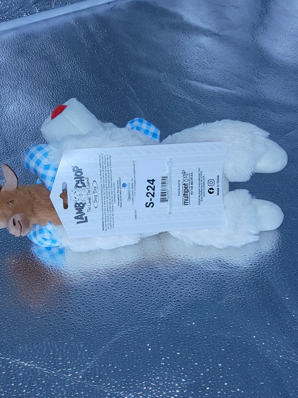 Plush Lamb Chop Dog Toy with Blue Gingham Accents